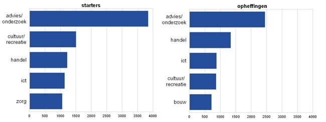 Starters en opheffingen naar sector (top 5), 2013