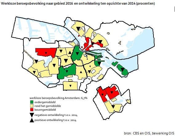 Werkloze beroepsbevolking naar gebied 2016 en ontwikkeling ten opzichte van 2014 (procenten)