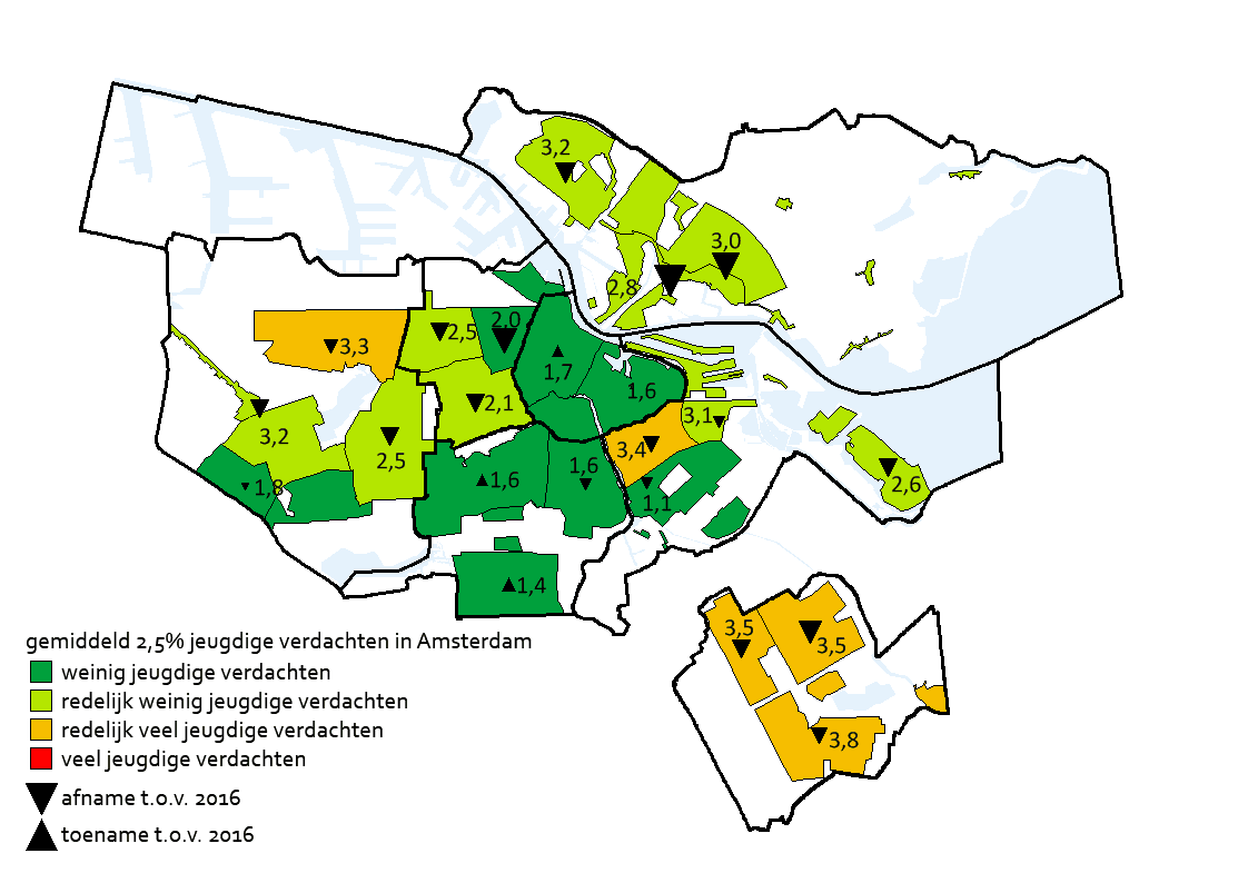 
Percentage jeugdige verdachten (12-24 jaar) naar gebied, 2017