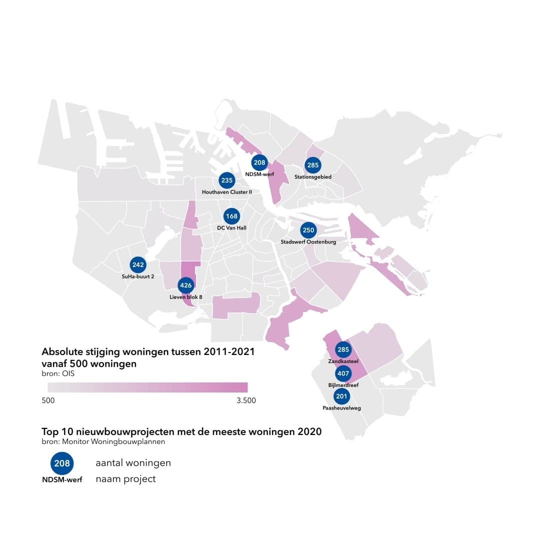 Kaartje met absolute stijging woningen tussen 2011-2021 vanaf 500 woningen en top 10 nieuwbouwprojecten met de meeste woningen 2020 met aantal woningen in de stop en de naam van het project.