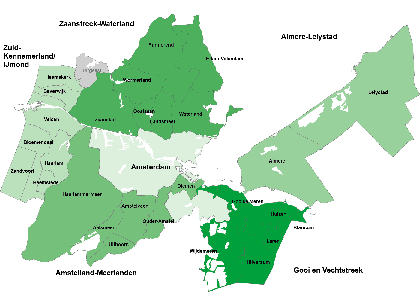 Kaart van de metropoolregio Amsterdam in 2026 met daarop de gemeentes die meedoen aan de WiMRA en Uitgeest. Ook de regio's staan aangegeven in verschillende groentinten.