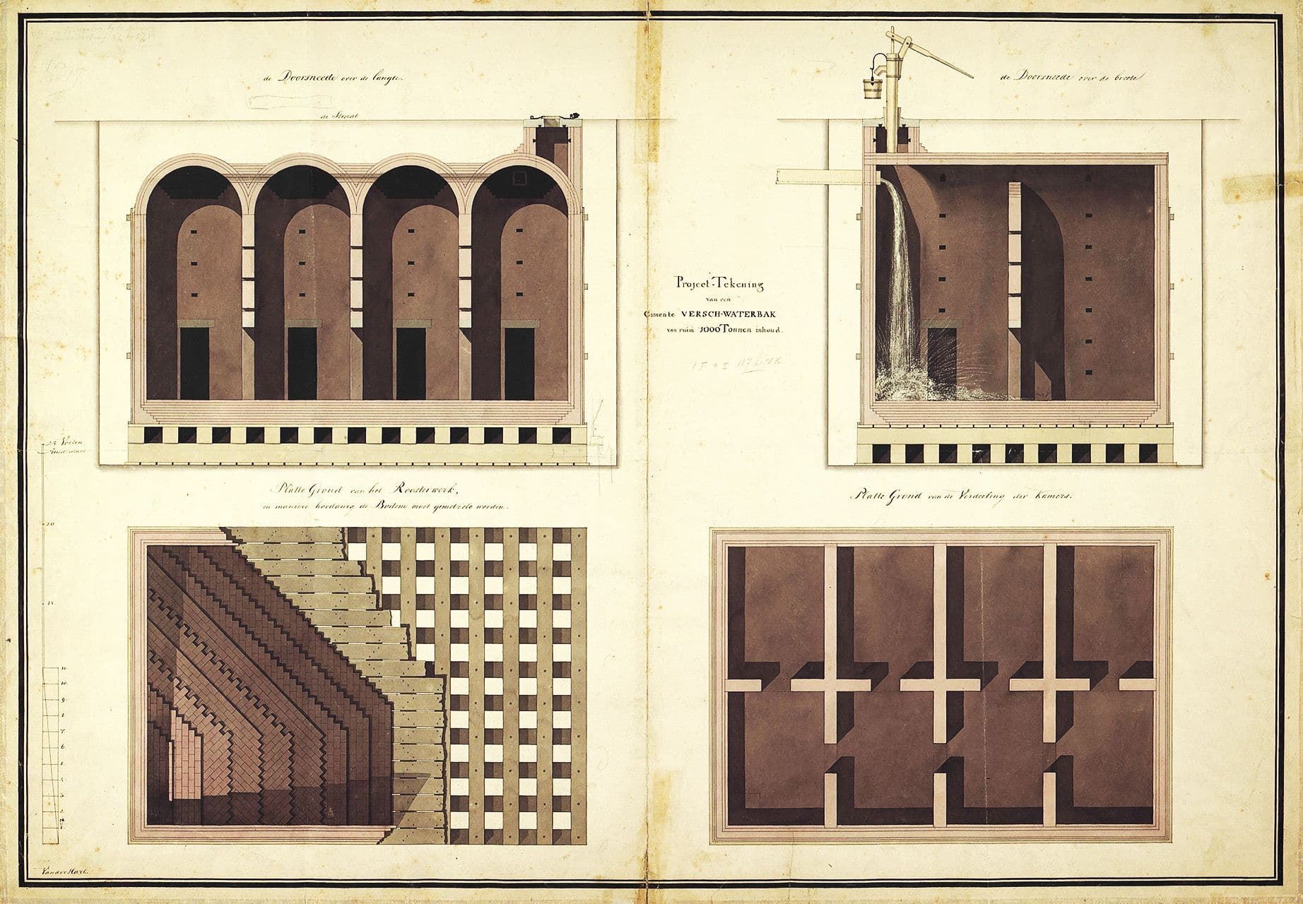 Project-Tekening van een Cimente Versch-Waterbak van ruim 1000 Tonnen inhoud.