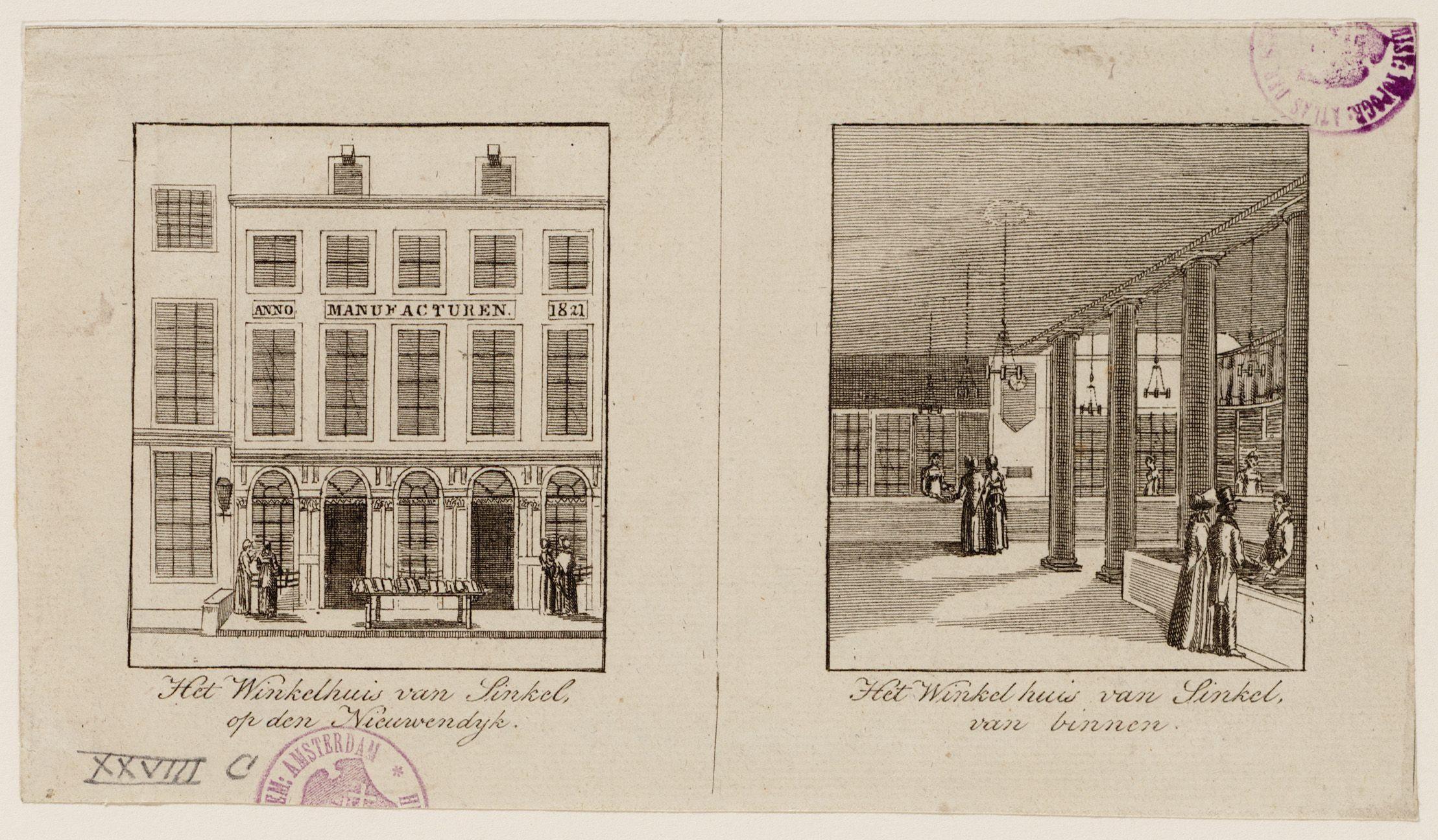 Het Winkelhuis van Sinkel op de Nieuwendijk, circa 1830.
