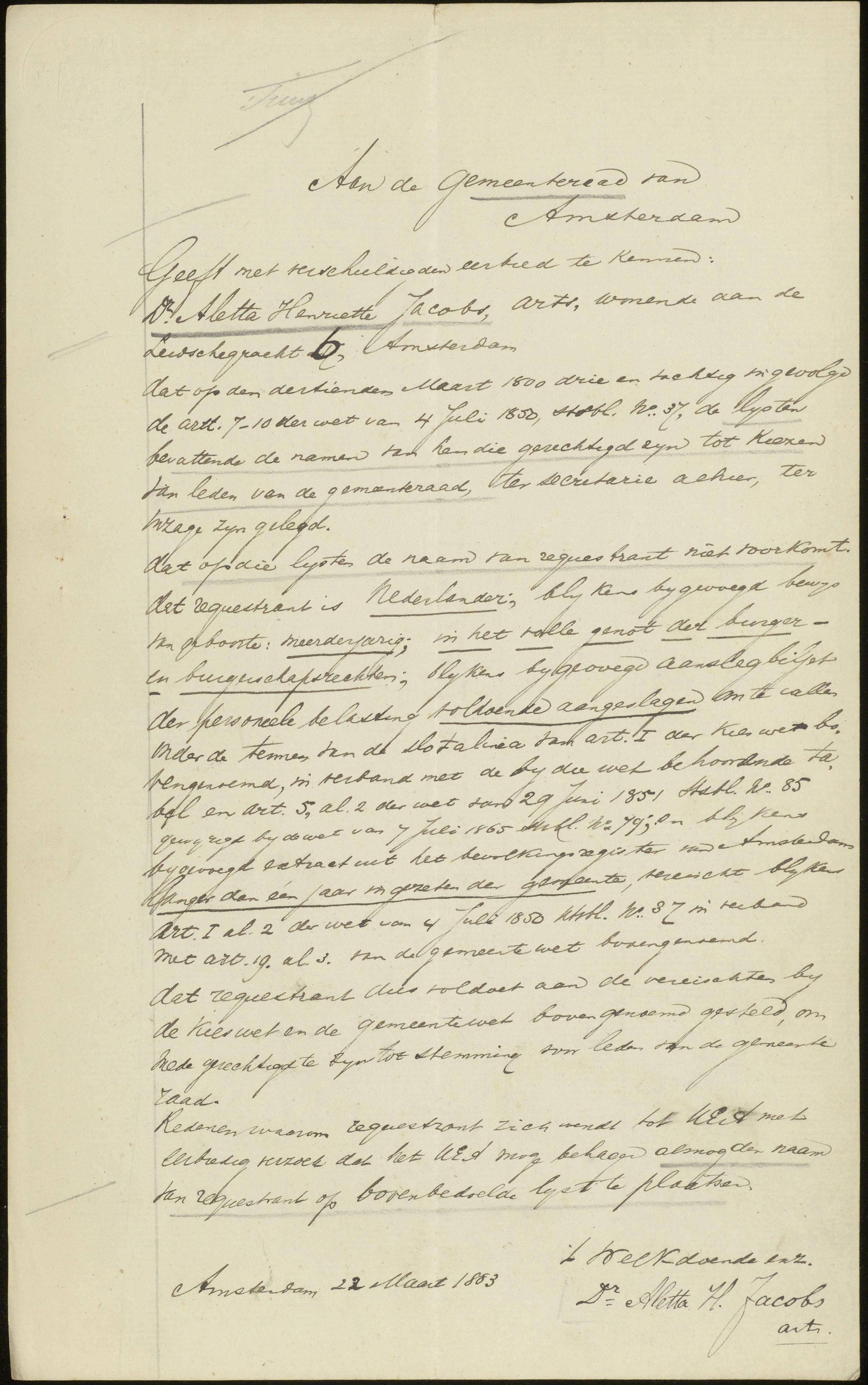 Brief van Aletta Jacobs aan de gemeenteraad van Amsterdam, 22 maart 1883.