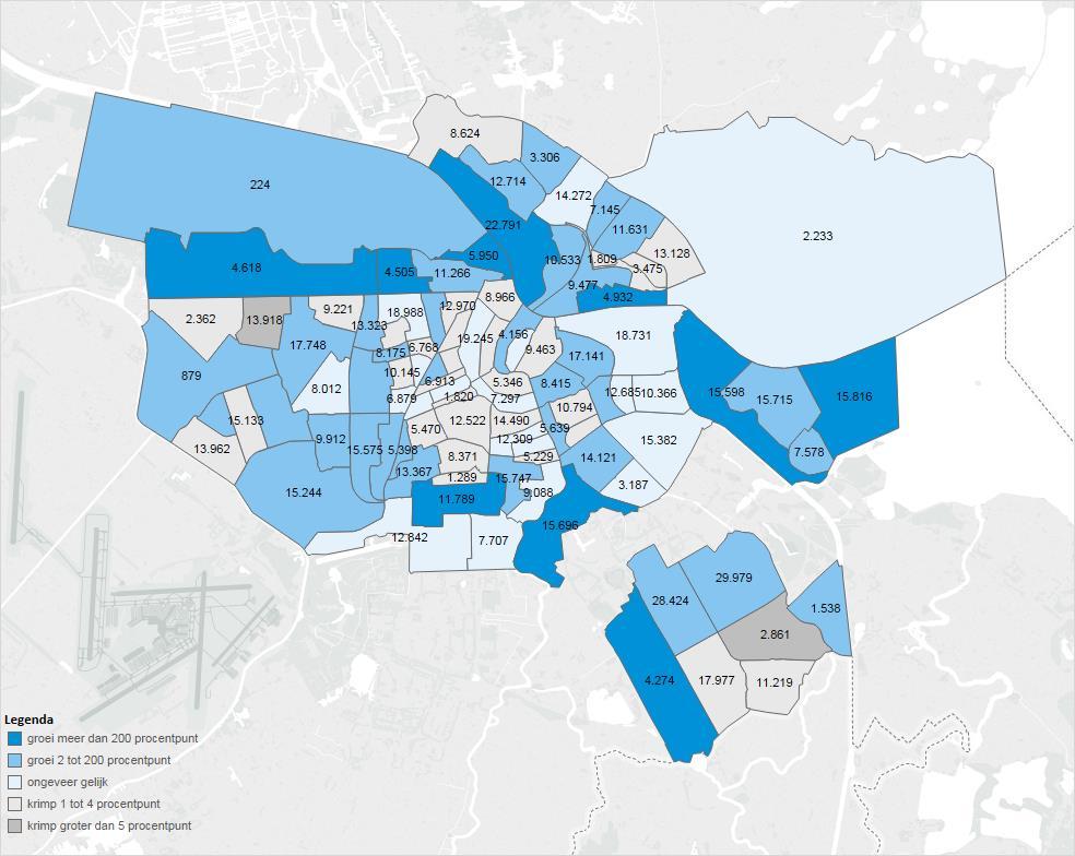 Toe- of afname Amsterdamse bevolking per wijk, 2016-2040, procentpunten