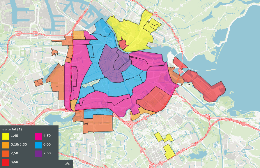 Kaart met de parkeertarieven in Amsterdam in 2019.