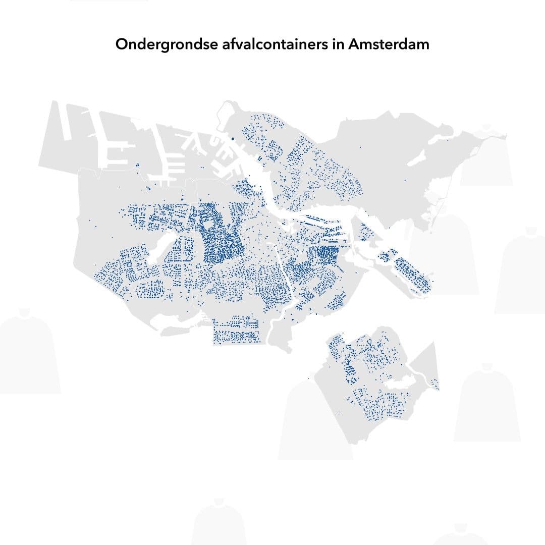 Kaartje met daarop aangegeven de ondergrondse afvalcontainers.