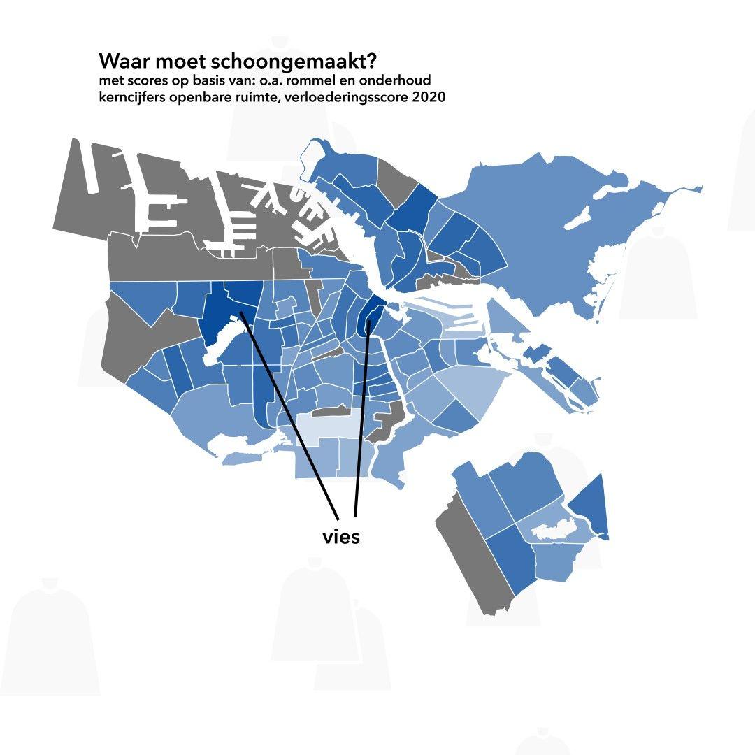 De wijken van Amsterdam in 2020 met in blauwtinten aangegeven waar schoongemaakt moet worden.