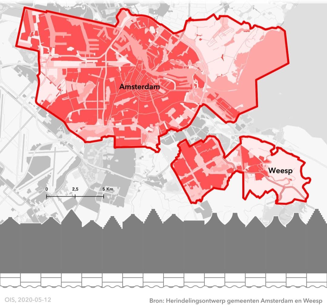 Kaart van Amsterdam en Weesp. Ten oosten van Stadsdeel Zuid-Oost zit nu Weesp aan Amsterdam vast.