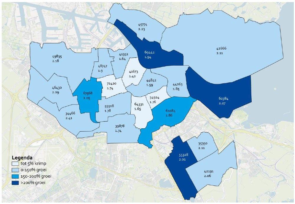 Groei of krimp Amsterdamse bevolking voor 22 gebieden, 2020-2050