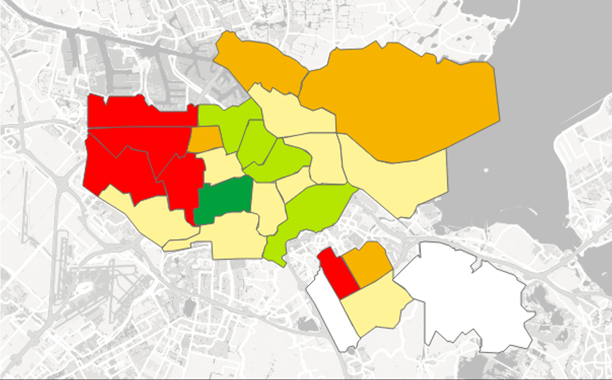 Kaart met rapportcijfer voor de tevredenheid met de eigen buurt naar gebied