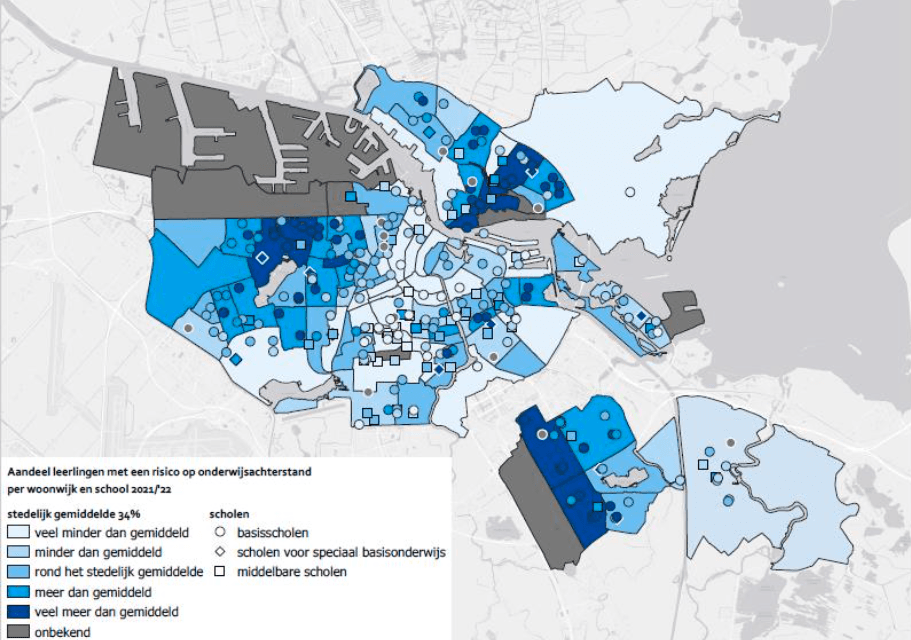Kaart met potentiële onderwijsachterstanden per wijk en per school
