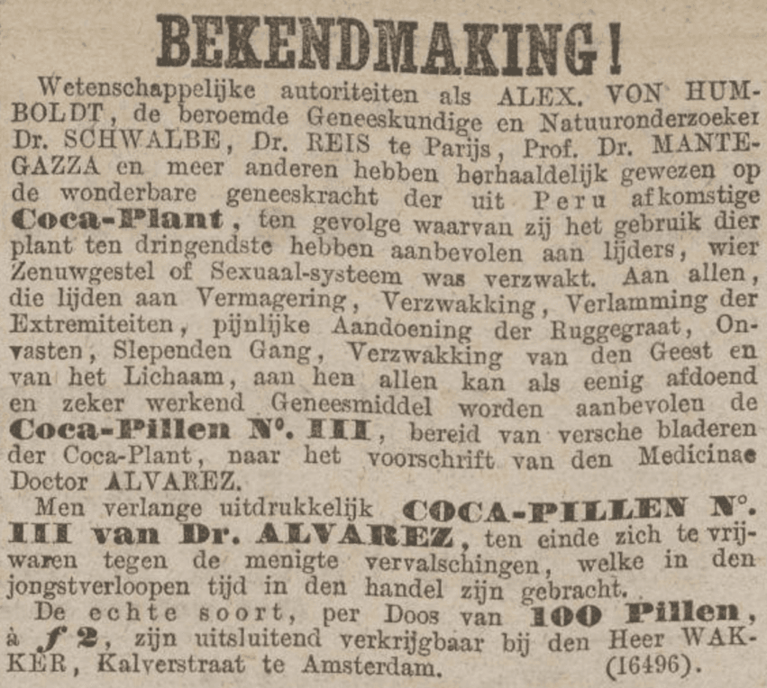 Reclame voor Coca pillen uit het Algemeen Handelsblad, 4 mei 1882